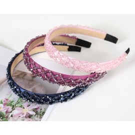 Gmmidea 3PCS Crystal Rhinestone Headbands for Women Girls Glitter Bling Beaded Headband Thin Padded Fancy Hairband for Girls Sparkle Hair Accessories(Pink, Navy, Purple)