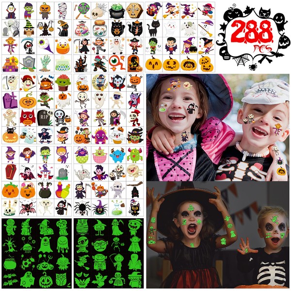 288PCS Assorted Halloween Tattoos for Kids Party Favors - Temporary Tattoo for Goody Bags Fillers Trick Or Treat Gifts - Includes Pumpkin/Skull/Ghost/Monster