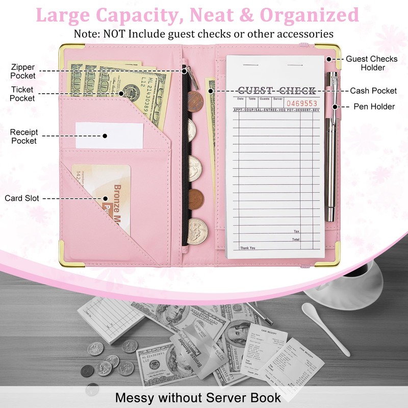 Server Books for Waitress, Leather Server Book with Zipper Pocket,