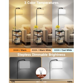 OUTONLIFE Floor Lamp with Table & Remote, Side End Table with Charging Station, Dimmable Nightstand with 3 Color Temperatures, 1-Hour Timer, 12W LED Bulb, for Living Room, Bedroom(Black)
