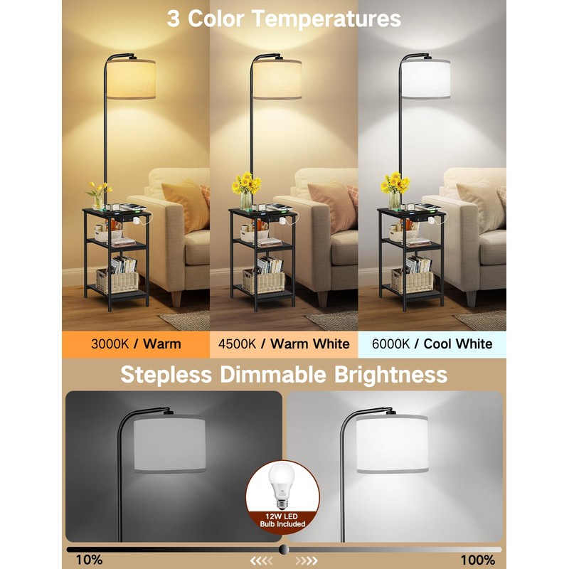 OUTONLIFE Floor Lamp with Table & Remote, Side End Table