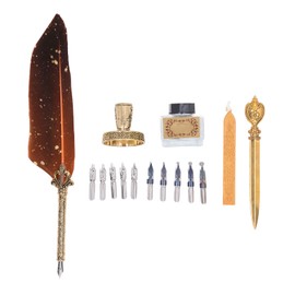 Feather Pen Set with 10 Interchangeable Nib Fire Lacquer Wax Letter Opener Pen Holder Ink Empty Bottle Retro Quill Pen Set Orange