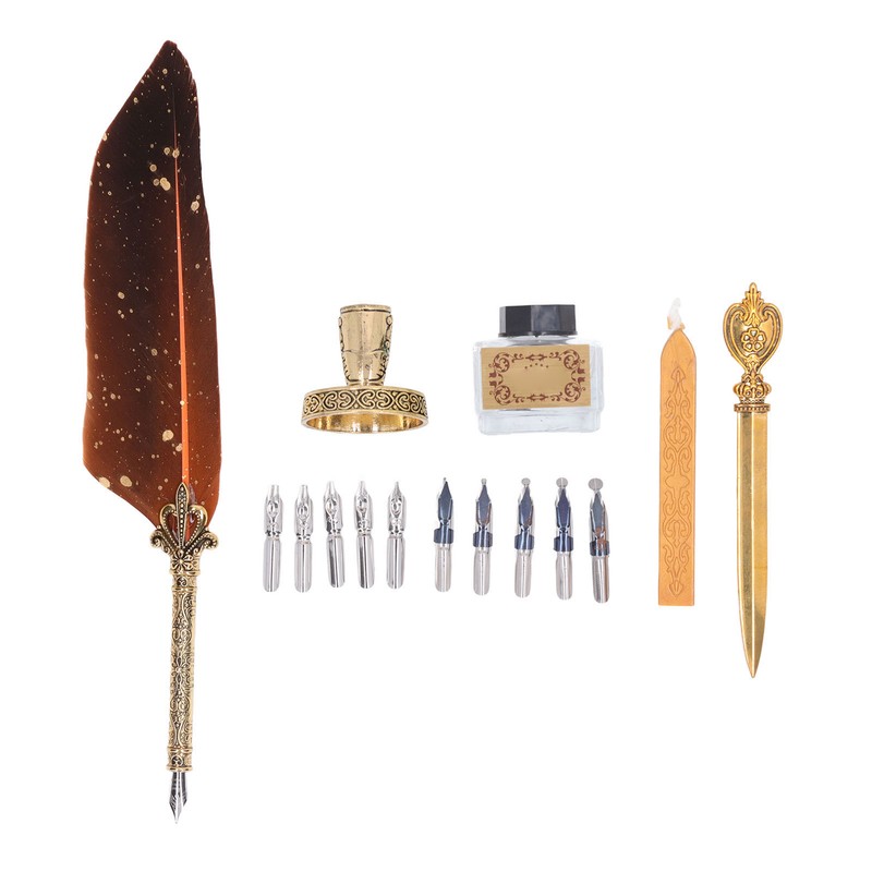 Feather Pen Set with 10 Interchangeable Nib Fire Lacquer Wax