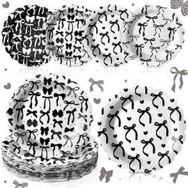 Jingmore 100 Pcs Black Bow Paper Plates 7'' Disposable Paper Plates Black Coquette Bow Dessert Set for Girl Bachelorette Bridal Engagement Baby Shower Birthday
