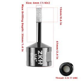 ZKH 2 Pcs Diamond Core Drill Bits 1/4 Inch, Vacuum Brazed Hole Saw, Tile Drill Bits with 5/8-11 Thread, Apply for Porcelain Ceramic Marble Stone Glass Granite