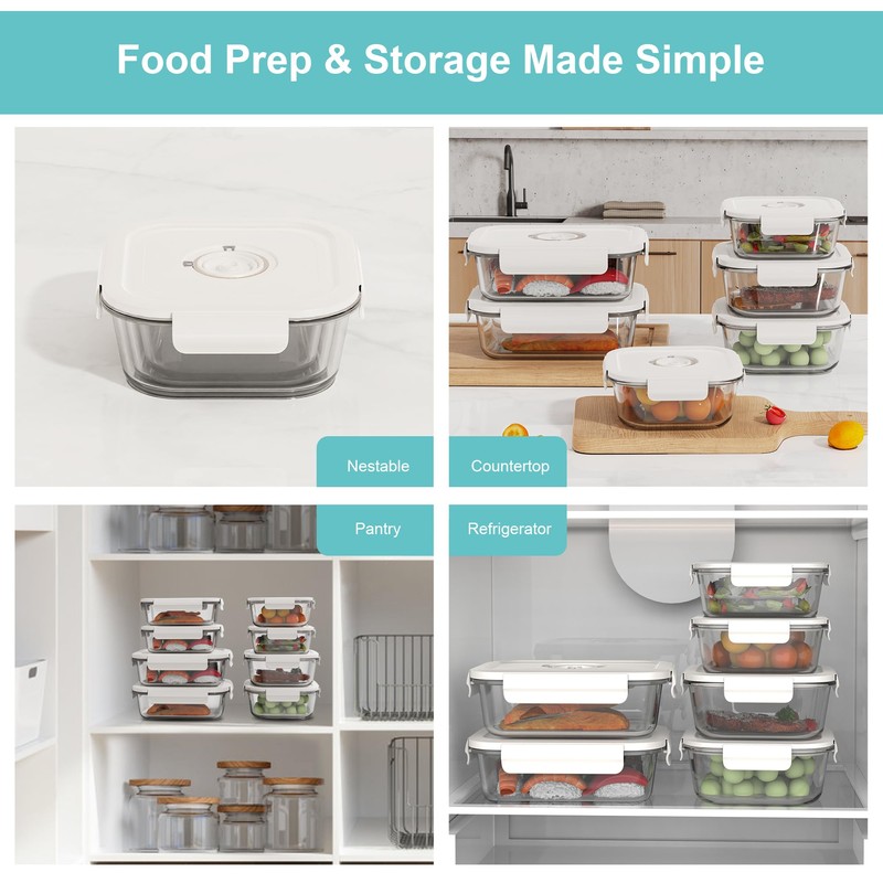 Domsanistor Vacuum Seal Glass Food Storage Containers, 6pcs Containerswith 10pcs