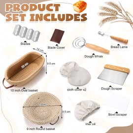 Honeydak Sourdough Bread Baking Supplies Sourdough Starter Kit with 9" Round and 10" Oval Bread Proofing Baskets with Linen Liners, Lame, Dough Whisk, Scraper, Cotton Covers Banneton for Home Baker