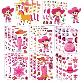 24 Sheets Make a Face Pink Cowboy Sticker – Western Cowgirl and Cowboy Dress Up Stickers for Kids, Funny Face Craft Activity for Birthday Party Favors, Classroom Rewards, Scrapbooking