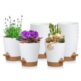 zople 12 Pack 4 Inch Self Watering Plant Pots with Drainage and Saucers，Plastic Flower Pots for Indoor and Outdoor Plants, Nursery Planters for Houseplants and Herbs, White Brown