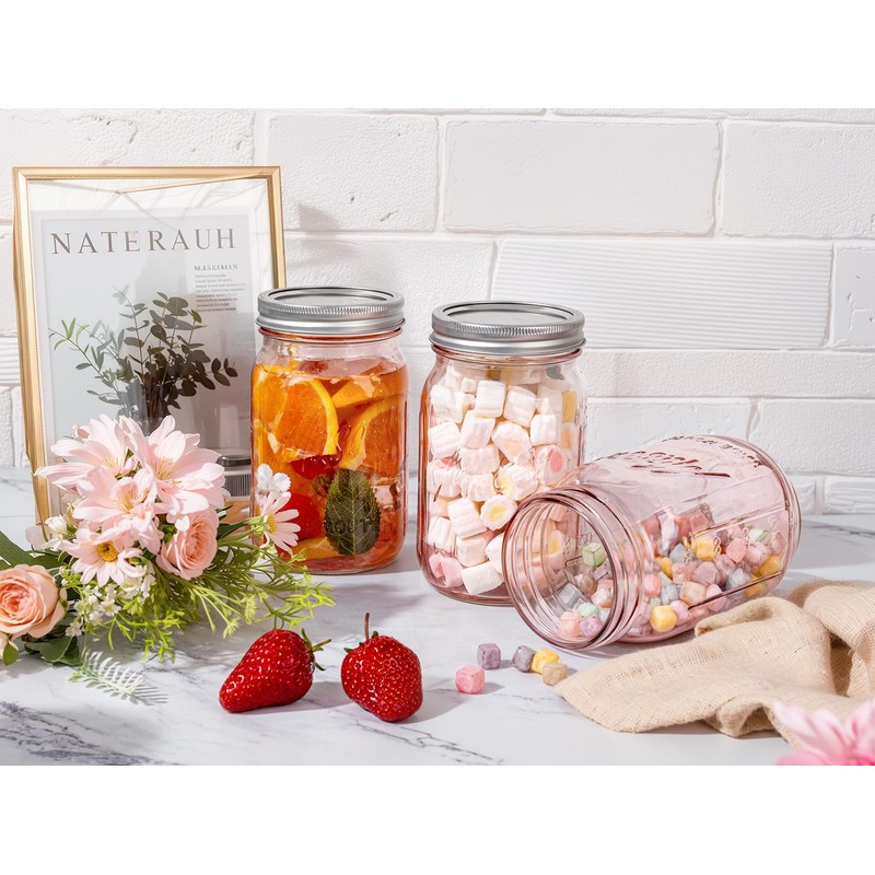 WELLIFE Pink Mason Jars 32 oz,9 Pack Wide Mouth Mason