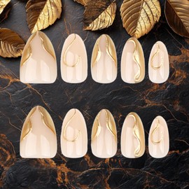 3D Gold Curve Line Press on Nails 24Pcs Irregular Lines Acrylic Medium Almond Fake Nail Glossy French Tips False Nails Vine Stick on Fingernails Curve Gel Glue on Nail for Coquette Women Girls