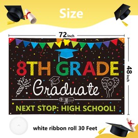Arosche 8th Grade Graduation Decorations 2025 Banner 72" x 48" 8th Grade Graduate Next Stop High School Photography Congrats Grad Decor Background for Indoor Outdoor Garden,Yard,Party Home Decor