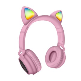TECHMADE Bluetooth Headphones with Cat Ears, Headphones with Cat Ear, LED Headphones with Microphone for iOS/Android/PC/Laptop/Tablet (Pink)