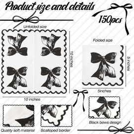 HunnmingRe 150 Pcs Bow Napkins Coquette Cute Party Supplies Bow Party Disposable Paper Napkins for Bachelorette Bridal Baby Shower Tea Wedding Girl Boy Bow Birthday Party Decors(Black,Square)