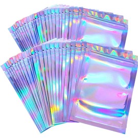 100Pcs Foil Ziplock Bags, Holographic Colour Mylar Bags Double-Sided Metallic Foil Flat Ziplock Smell Proof Storage Bags for Food Storage, Sweet, Spice Sample,Jewellery Making(7x12.5cm)