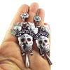 Long Sugar Skull and Lovebirds 925 Sterling Silver Drop Earrings