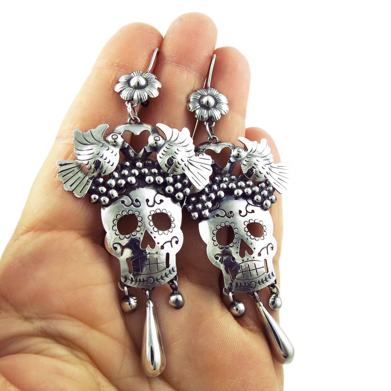 Long Sugar Skull and Lovebirds 925 Sterling Silver Drop Earrings