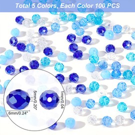 PandaHall 500pcs Blue Crystal Beads, 6 mm Blue Sea Faceted Glass Beads, 5 Colours Rondelle Loose Beads Spacers for Summer Hawaiian Boho Bracelets, Necklaces, Bag, Flower Crafts DIY