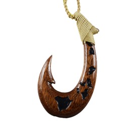 Unique Hawaiian X-Large Genuine Koa Wood Fish Hook Necklace, Hand Carved Map of Hawaiian Island Fish Hook Necklace, N9402A