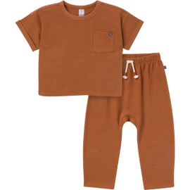 Modern Moments by Gerber Baby Boys' Waffle Knit 2-Piece Shirt and Pant Set, Medium Brown, 12 Months