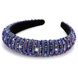 Wecoe Navy Blue Rhinestone Headband, Fashion Padded Headband with Bling Diamond Sparkle Crystal Beads, Hair Band for Women and Girls, Holiday Hair Accessories