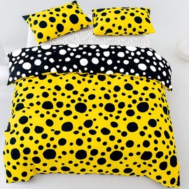 CLOTHKNOW Dark Yellow King Comforter Set 3Pcs Black Dot Bedding Comforter Sets Yellow Bedding Sets Black White Bed Comforter Sets King