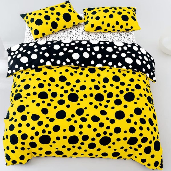 CLOTHKNOW Dark Yellow King Comforter Set 3Pcs Black Dot Bedding