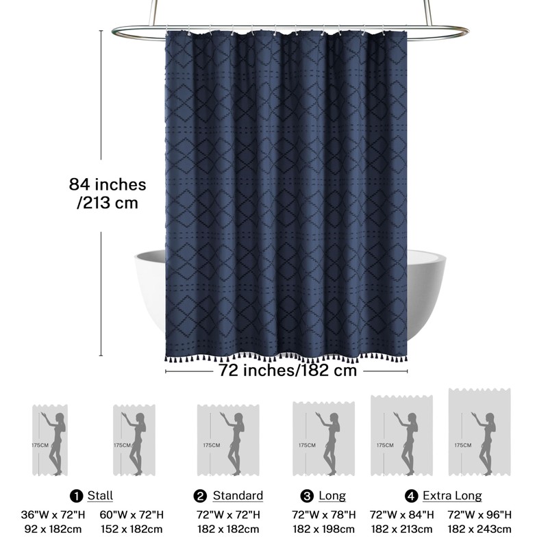 Siiluminisoy Extra Long Boho Farmhouse Shower Curtain Woven Fabric Navy