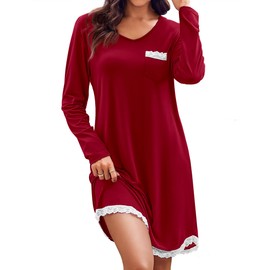Ekouaer Women Nightgowns Lace Sleepwear Soft Long Sleeve Pajama Women Nightdress V Neck Sleep Shirts Wine Red