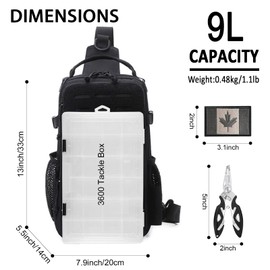 Fishing Backpack, Small Tackle Sling Storage Bag 9L Mini Tactical Shoulder Backpacks Fly Fishing Chest Pack Tool Bags with CA Flag Patch and Fishing Plier (Black)