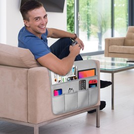 WETRBWEH Remote Control Holder for Armchair，Couch Caddy Organizer TV Remote Holder for Bed Storage 5 Pockets，Remote Caddy Bedside Organizer Bedside Table Organizer (LightGray, 35''x18'')