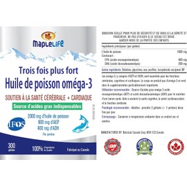 MapleLife Nutrition® - Triple-Strength - Omega-3 Fish Oil - Brain + Heart Health - Essential Fatty Acids - DHA, EPA - Fish Oil Softgel 2000 Mg - 300 softgels
