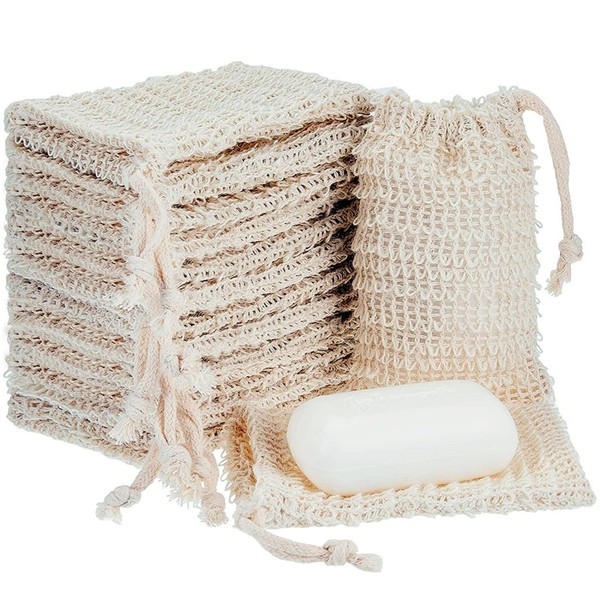 KIPETTO Pack of 15 Natural Sisal Soap Bags Exfoliating Drawstring Soap Bags Vegan for Shower Bath 14 x 9 cm