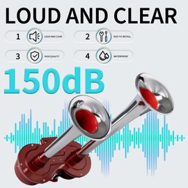 150DB Train horns,Super loud 12V electric air horn,Upgraded motohorn,Air horn for truck,car,motorcycle（12V Red electric horn）