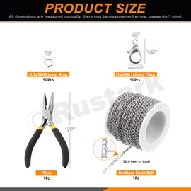 Rustark 102Pcs 4mm 30 Feet White K Jewelry Making Chains Kit Thin Necklace Bracelet Chain Twisted Links Curb Chain with Jump Rings Lobster Clasps and Pliers for Bracelet Necklace Jewelry Making