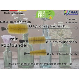 Set of 3 MAAJ Bottle Brushes Conical with Head Bundles Natural Bristles Soft Conical Cylinder Mini Medium Maxi Plastic Free Made in Germany