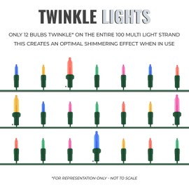 612 Vermont 100 Multi Christmas Twinkle Lights on Green Wire, 12 of 100 Lights Twinkle, Indoor and Outdoor Use, Lighted Length 20.6’, Total Length 21.8’