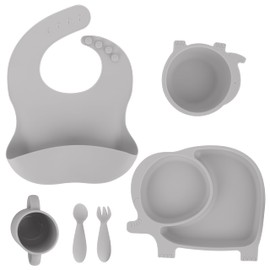 Silicone Baby Feeding Set, Elephant Shape Divided Plate with Suction, Toddler Self Feeding Dish Set with Adjustable Bib Spoons Forks Cup Bowl, Baby Led Weaning Supplies for Ages 6 Months (Grey)