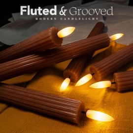 WYZworks 10" Fluted Ribbed LED Brown Tan Grooved Pillar Candles, Remote & 24h Timer Memory, On/Off Switch - Flameless Dimmable Battery Operated w/Flicker Mode, Home Wedding Decor (12 Pack)