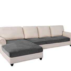 ANARACHON Velvet Couch Cushion Covers 4 Pieces L Shaped Sectional Sofa Seat Slipcovers Stretch Chaise Lounge Cover Plush Furniture Protector for Dogs Pet Washable (3 Seater + 1 Chaise, Grey)