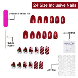Christmas Press on Nails Short Almond SWEKKE Red Fake Nails False Nails with Designs Cute Reindeer Snowflake Glitter Glossy Glue on Nails Xmas Acrylic Nails for Women Girls 24 Pcs