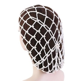 LERTREE Women Pearl Beaded Hair Net, Crochet Cap with White Pearls, Elastic Snood for Long Hair (CA/US, Alpha, Medium, Large, White)