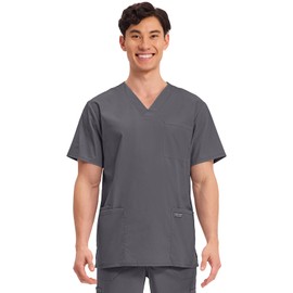 Cherokee Men's V-Neck Top Traditional fit with 4 Pockets, Ultra Soft, Durable, Fade Resistant, 2-Way Stretch Fabric - WW695, L, Pewter
