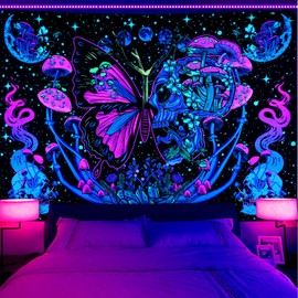Invoibler Blacklight Skull Butterfly Tapestry UV Reactive Mushroom Tapestries Hippie Skeleton Moth Wall Decor Aesthetic Moon Flowers Tapestry Large Snake Wall Hanging for Bedroom(70.9 x 92.5 inches)