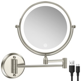 Rechargeable Wall Mounted Makeup Mirror with Lights, 8 Inch Double-Sided 10X Magnifying Vanity Mirror, 3 Color Lights & Stepless Dimming 360°Rotation Extendable Lighted Magnification Bathroom Mirror