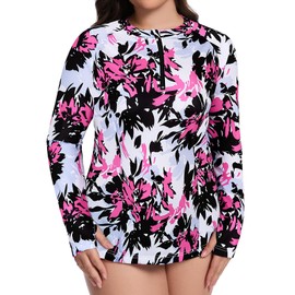 Tanst Sky Women's Plus Size Swimwear,Swimming Suits for Women Athletic Zipper Long Sleeve Modest UPF 50+ UV Protection Rash Guard Ladies Quick Dry Bathing Rushguard White-Base Black/Pink 2XL