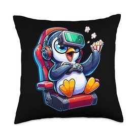Gamer Penguin Popcorn Gaming Chair Headphones Games Player Throw Pillow