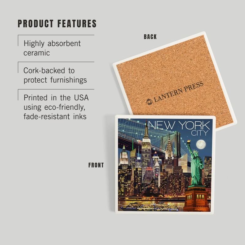 New York City, NY, Skyline at Night (Absorbent Ceramic Coaster,