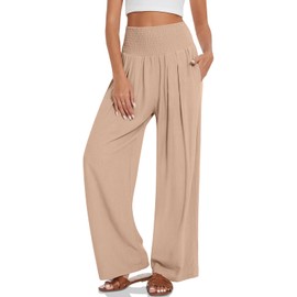TARSE Womens Plus Size Linen Palazzo Pants Summer Boho High Waisted Wide Leg Casual Long Lounge Pant Trousers with Pockets(LightCoffee,XXL)