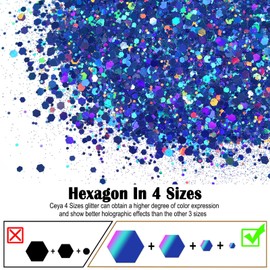 Ceya Holographic Chunky Glitter, 4.9oz/ 140g Royal Blue Craft Glitter Powder Mixed Chunky & Fine Flakes Iridescent Nail Sequins for Nail, Hair, Epoxy Resin, Tumblers, Slime, Painting, Festival Decor